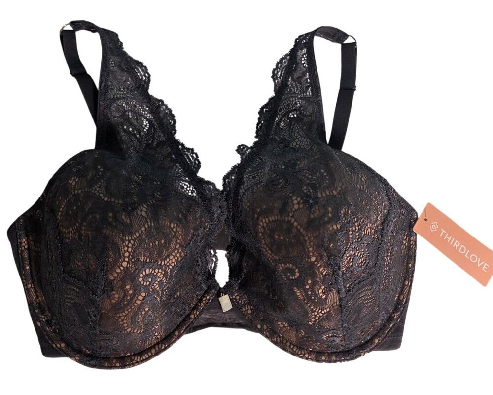 ThirdLove 24/7 Lace Contour Plunge Bra 34F Navy Eyelash Lace NWT Casual Push Up